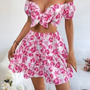 Floral Pink Tiered Mini Skirt and crop top set